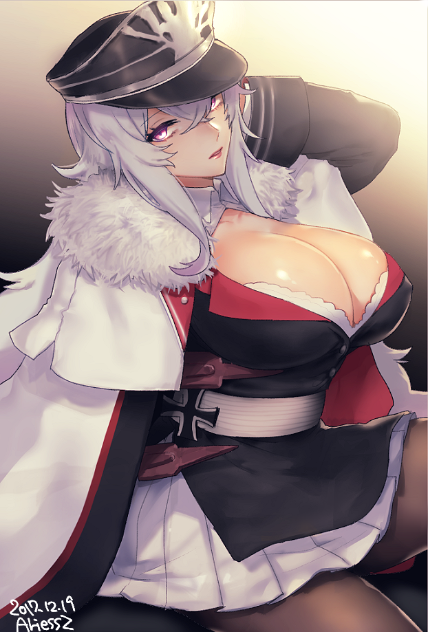 1girl 2017 ariesuzu_(ariessz) artist_name azur_lane bangs black_jacket bra bra_peek breasts brown_legwear buttons cape cleavage collarbone collared_shirt crossed_bangs dated erect_nipples eyelashes fur_collar gradient gradient_background graf_zeppelin_(azur_lane) hair_between_eyes hat head_tilt iron_cross jacket large_breasts long_hair long_sleeves looking_at_viewer military military_hat military_uniform miniskirt pantyhose parted_lips peaked_cap pink_eyes pink_lips pleated_skirt shadow shiny shiny_skin shirt silver_hair sitting skirt solo underwear uniform white_bra white_cape white_shirt white_skirt