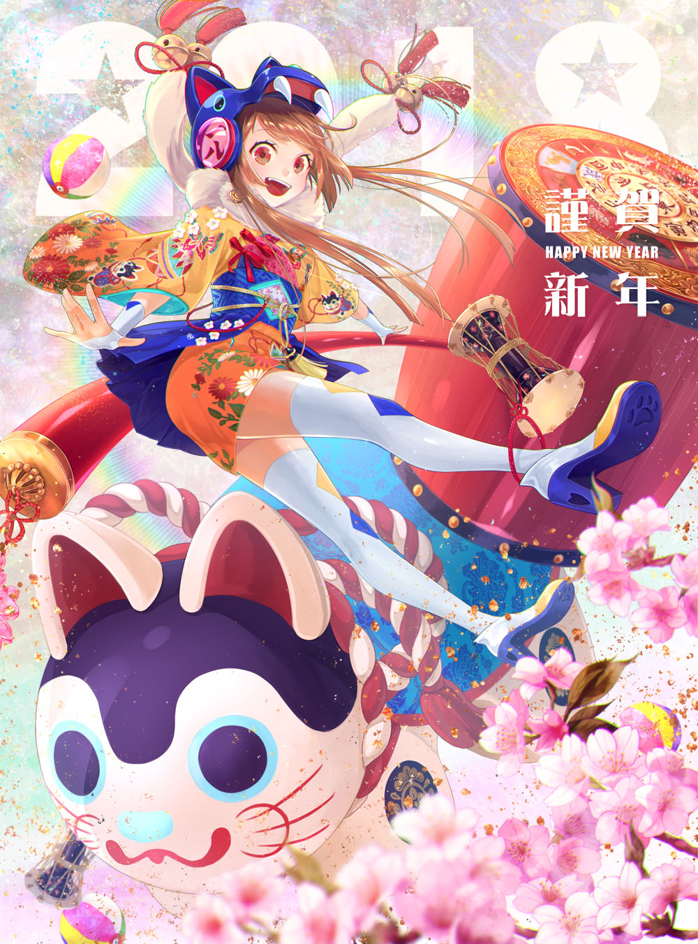 1girl 2018 :d animal_helmet animal_print argyle argyle_legwear bell brown_hair dog_print floral_print flower foreshortening full_body fur_trim hammer happy_new_year helmet high_heels highres jingle_bell long_hair looking_at_viewer nengajou new_year open_mouth original para_sitism paw_print rainbow red_eyes smile solo thigh-highs white_footwear white_legwear year_of_the_dog