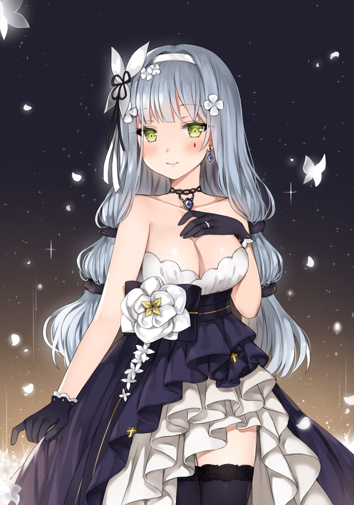 1girl alternate_costume bangs black_gloves black_ribbon blunt_bangs blush breasts canape choker cleavage closed_mouth collarbone cowboy_shot dress earrings eyebrows_visible_through_hair eyes_visible_through_hair flower gem girls_frontline gloves gradient gradient_background green_eyes hairband hand_on_own_chest hand_up hk416_(girls_frontline) holding_dress jewelry lace lace-trimmed_thighhighs lace_choker layered_dress lens_flare light_brown_hair light_particles long_hair looking_at_viewer medium_breasts multi-tied_hair necklace pendant petals purple_legwear ribbon ring silver_hair smile solo thigh-highs thighs very_long_hair wedding_band white_flower white_hairband white_headband zettai_ryouiki