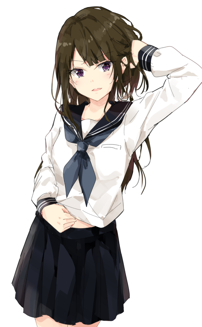 1girl arm_up blue_neckwear blue_skirt blush brown_hair eyebrows_visible_through_hair hand_in_hair hand_on_own_stomach long_hair long_sleeves looking_at_viewer medium_skirt neckerchief open_mouth original pleated_skirt sailor_collar school_uniform serafuku shiina_kuro shirt simple_background skirt solo standing violet_eyes white_background white_shirt