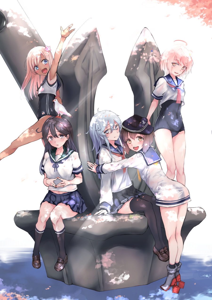 5girls ahoge anchor animal animal_on_head bird bird_on_head black_eyes black_hair black_sailor_collar blonde_hair blue_eyes blue_sailor_collar brown_eyes brown_hair crop_top dress flat_cap flower hair_flower hair_ornament hat hibiki_(kantai_collection) highres i-58_(kantai_collection) kantai_collection looking_at_viewer multiple_girls necktie on_head one-piece_tan pigeon pink_eyes pink_neckwear red_eyes ro-500_(kantai_collection) sailor_dress school_swimsuit school_uniform serafuku short_hair silver_hair sitting standing swimsuit swimsuit_under_clothes tan tanline ushio_(kantai_collection) yukiguni_yuu yukikaze_(kantai_collection)