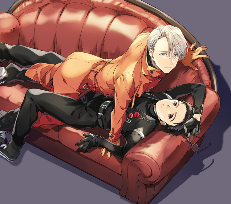 2boys belt black_gloves black_hair blue-framed_eyewear blue_eyes brown_eyes brown_gloves coat couch eyewear_removed glasses gloves hair_slicked_back holding_eyewear katsuki_yuuri kuroemon lying male_focus multiple_boys on_back parted_lips silver_hair smile viktor_nikiforov yaoi yuri!!!_on_ice