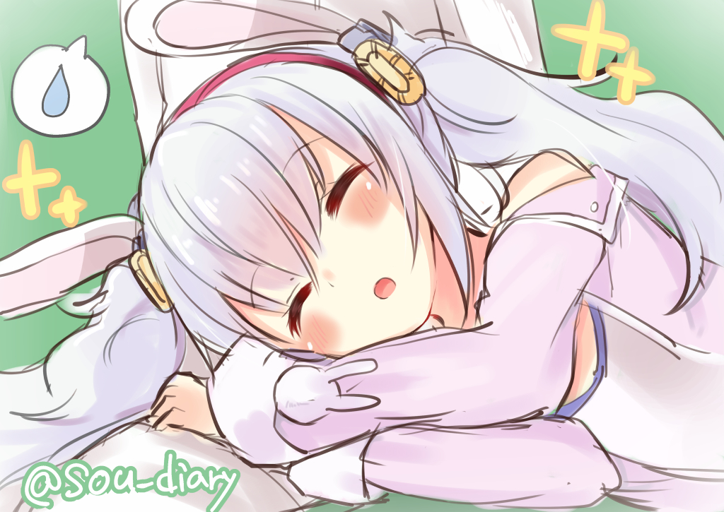 1girl :o animal_ears azur_lane bangs blush camisole closed_eyes commentary_request eyebrows_visible_through_hair green_background hair_ornament hairband jacket laffey_(azur_lane) lap_pillow long_hair long_sleeves lying off_shoulder on_side parted_lips pink_jacket rabbit_ears red_hairband silver_hair solo_focus sou_(soutennkouchi) spoken_sweatdrop sweatdrop twintails twitter_username very_long_hair white_camisole