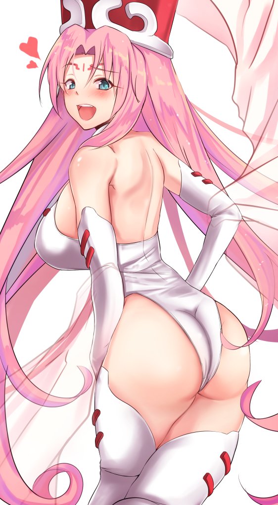 1girl ass back blue_eyes blush breasts cowboy_shot elbow_gloves facial_mark from_behind gloves hat highleg houshin_engi large_breasts leotard long_hair looking_at_viewer looking_back open_mouth pink_hair smile so_dakki solo thigh-highs untsue very_long_hair white_legwear