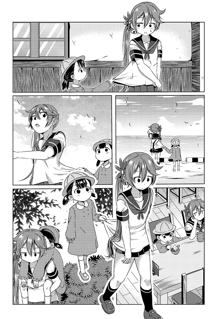 2girls akebono_(kantai_collection) blush_stickers carrying chair character_request comic cup eating flower food greyscale hair_between_eyes hair_flower hair_ornament hat ice_cream kantai_collection kindergarten_uniform long_hair low_twintails monochrome multiple_girls ocean open_mouth piggyback pleated_skirt school_hat school_uniform serafuku shino_(ponjiyuusu) shirt_tug shoes short_sleeves side_ponytail silent_comic skirt sky sleeping socks table twintails yunomi