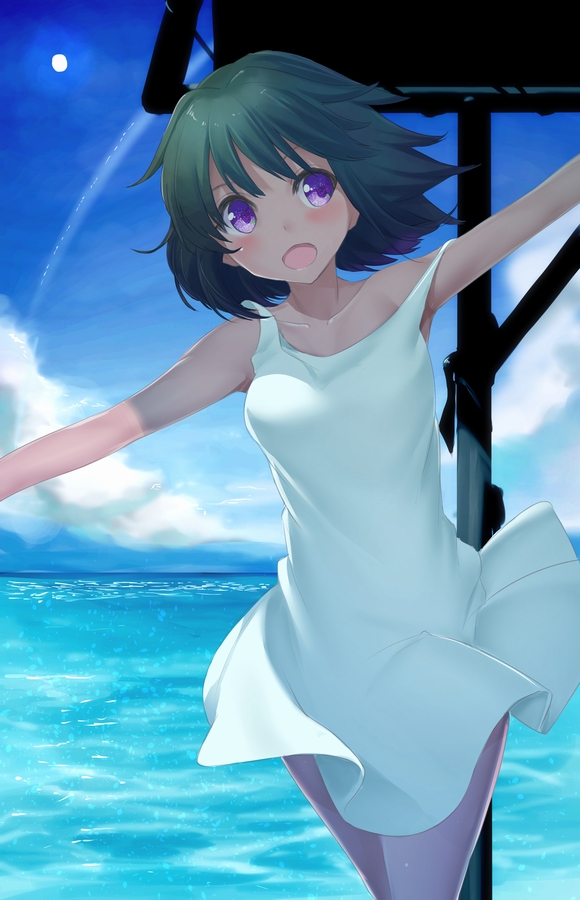1girl balancing black_hair blush breasts clouds cloudy_sky collarbone condensation_trail dark_skin day dress hair_intakes idolmaster idolmaster_cinderella_girls leaning_to_the_side looking_to_the_side medium_breasts natalia_(idolmaster) ocean open_mouth outdoors outstretched_arms pole ratsuku_kinoko shade shiny shiny_skin short_hair sky sleeveless sleeveless_dress solo strap_slip sun sundress violet_eyes walking white_dress wind
