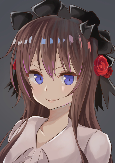 &gt;:) 1girl aibumi blue_eyes brown_hair flower grey_background hair_flower hair_ornament hairband lolita_hairband long_hair looking_at_viewer original red_flower red_rose rose solo upper_body