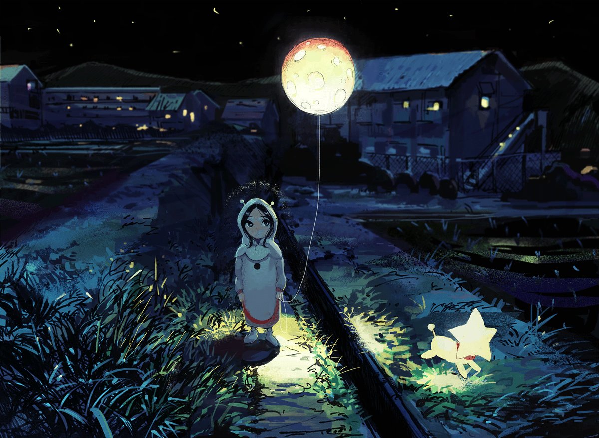 1girl antennae balloon bayashiko black_eyes black_hair commentary_request copyright_request glowing grass hood hood_up long_sleeves looking_to_the_side night night_sky outdoors rice_paddy riverbank shoes sky solo standing star star_(sky) starry_sky village white_footwear