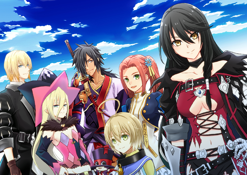 3boys 3girls :d ahoge bandage bandaged_arm bienfu_(tales) black_coat black_hair black_neckwear blonde_hair blue_eyes brown_gloves choker closed_mouth clouds cropped_jacket detached_sleeves dress eizen_(tales) eleanor_hume gloves green_eyes hair_ornament hair_over_one_eye hand_on_hip hat japanese_clothes laphicet_(tales) long_hair looking_at_viewer magilou_(tales) multiple_boys multiple_girls normin_(tales) open_mouth redhead revealing_clothes rokurou_rangetsu saklo sky smile tales_of_(series) tales_of_berseria tan top_hat upper_body velvet_crowe white_dress witch_hat