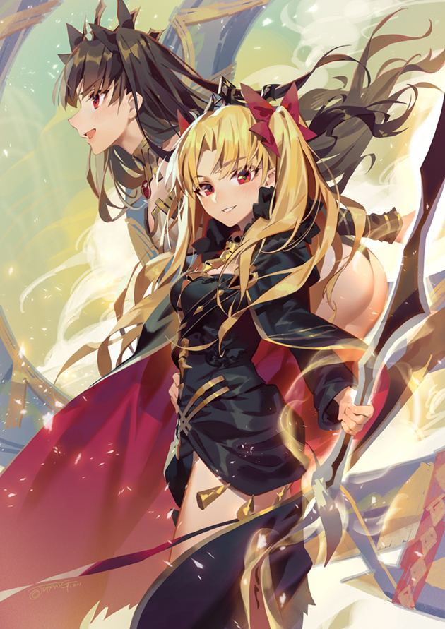2girls :d ass bangs black_bow black_cape black_dress blonde_hair blush bow brown_hair cape commentary_request dress ereshkigal_(fate/grand_order) eyebrows_visible_through_hair fate/grand_order fate_(series) hair_bow holding holding_sword holding_weapon ishtar_(fate/grand_order) jofang long_hair long_sleeves looking_at_viewer looking_to_the_side multicolored multicolored_cape multicolored_clothes multiple_girls open_mouth outstretched_arm parted_bangs parted_lips red_bow red_cape red_eyes revision skull smile spine sword tiara torn_cape two_side_up very_long_hair weapon