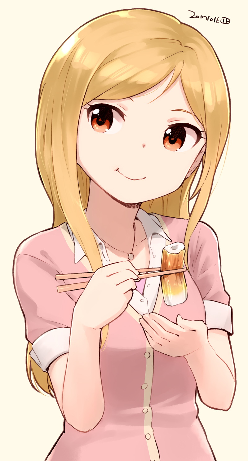 1girl bangs blonde_hair breasts buttons cardigan chewing chikuwa chopsticks closed_mouth dated dot_nose eating eyelashes food highres holding_chopsticks idolmaster idolmaster_million_live! jewelry long_hair looking_to_the_side momose_rio nagian necklace orange_eyes pink_cardigan shirt short_sleeves simple_background small_breasts smile solo swept_bangs upper_body white_shirt wing_collar yellow_background