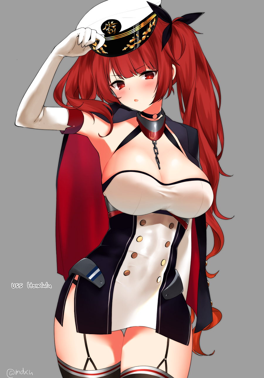 1girl azur_lane black_legwear blush breasts chains character_name choker cowboy_shot dress elbow_gloves eyebrows_visible_through_hair garter_straps gloves grey_background hand_on_headwear head_tilt highres honolulu_(azur_lane) large_breasts long_hair looking_at_viewer mimelond parted_lips red_eyes redhead side_ponytail side_slit solo standing thigh-highs thigh_gap twitter_username v-shaped_eyebrows very_long_hair white_gloves