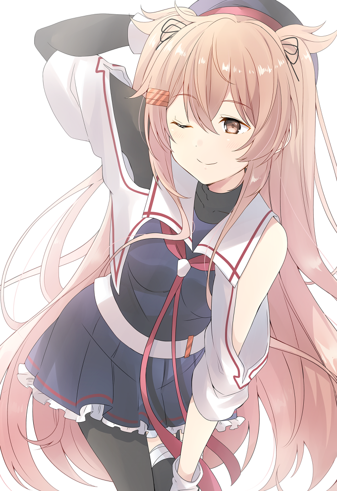 1girl asymmetrical_legwear black_ribbon black_serafuku black_skirt blouse breasts brown_eyes detached_sleeves gloves hair_flaps hair_ribbon kantai_collection light_brown_hair long_hair medium_breasts murasame_(kantai_collection) neckerchief one_eye_closed pantyhose remodel_(kantai_collection) ribbon school_uniform serafuku skirt solo thigh-highs two_side_up white_gloves yukichi_(eikichi)