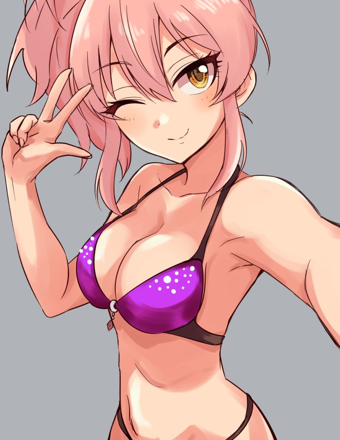 1girl bikini blush breasts cleavage eyebrows_visible_through_hair grey_background groin idolmaster idolmaster_cinderella_girls jougasaki_mika keikesu long_hair medium_breasts navel one_eye_closed pink_hair ponytail self_shot side_ponytail smile solo swimsuit v yellow_eyes