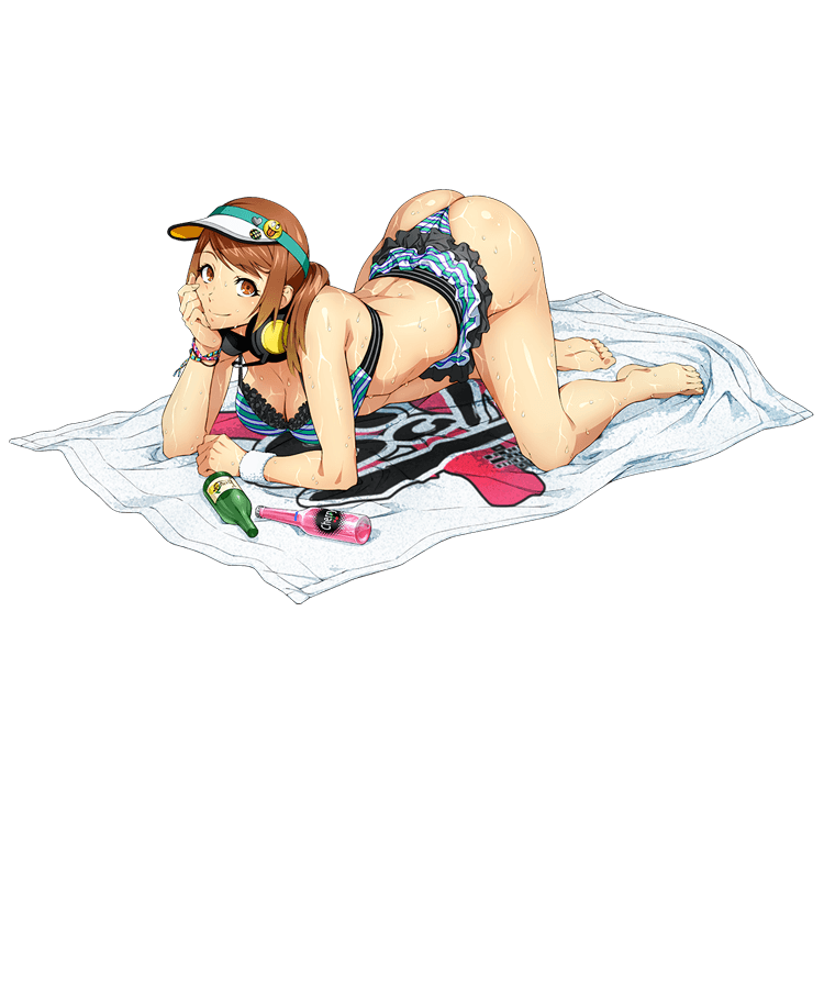 1girl all_fours arm_support artist_request barefoot beach_towel bikini bikini_skirt bottle bracelet breasts brown_eyes brown_hair cleavage full_body hand_on_own_chin headphones headphones_around_neck jewelry long_hair looking_at_viewer official_art olive_oppert ponytail smile solo striped striped_bikini super_robot_wars super_robot_wars_x-omega swimsuit towel transparent_background visor_cap watanabe_wataru wet wristband