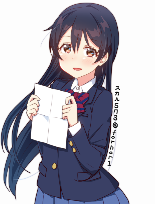 1girl artist_name bangs blue_hair blush bow bowtie commentary_request hair_between_eyes holding holding_paper long_hair long_sleeves looking_at_viewer love_live! love_live!_school_idol_project open_mouth otonokizaka_school_uniform paper red_neckwear school_uniform shirt simple_background skull573 smile solo sonoda_umi striped_neckwear twitter_username white_background white_shirt yellow_eyes