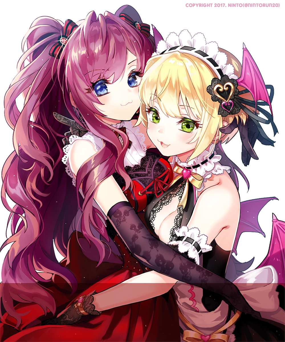 2girls :3 :d arm_cuffs artist_name backless_outfit bangs bare_shoulders black_bow black_dress black_gloves black_ribbon blonde_hair blue_eyes blush bodice bow breasts candy_print choker cleavage cleavage_cutout copyright demon_wings dress elbow_gloves eyebrows_visible_through_hair eyelashes eyes_visible_through_hair frilled_choker frilled_shirt_collar frills glove_bow gloves green_eyes hair_bow hair_ornament hair_ribbon hand_behind_head head_wings heart highres hug ichinose_shiki idolmaster idolmaster_cinderella_girls lace lace-trimmed_shirt lace_trim long_hair looking_at_viewer low_wings maid_headdress medium_breasts messy_hair miyamoto_frederica multiple_girls ninto open-back_dress open_mouth pearl purple_hair red_bow red_skirt ribbed_shirt ribbon sash shirt short_hair skirt sleeveless smile smug sparkle striped striped_bow twitter_username two_side_up upper_body very_long_hair wavy_hair white_background white_bow white_choker white_shirt wings yellow_bow