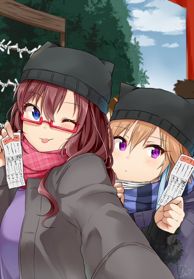 2girls animal_hat bangs beanie black_hat black_sweater blue_coat blue_eyes blue_hair blue_scarf blush breasts brown_hair cat_hat closed_mouth clouds cloudy_sky coat day eyebrows_visible_through_hair eyelashes fur-trimmed_coat fur_trim glasses grey_coat hair_between_eyes hand_on_another's_back hat holding ichinose_shiki idolmaster idolmaster_cinderella_girls light_smile long_hair looking_at_viewer multicolored_hair multiple_girls new_year ninomiya_asuka omikuji one_eye_closed orange_hair outdoors outstretched_arm purple_shirt red-framed_eyewear red_scarf scarf self_shot semi-rimless_eyewear shirt signature sky small_breasts striped striped_scarf sweater tarachine tongue tongue_out torii tree two-tone_hair unbuttoned under-rim_eyewear violet_eyes wavy_hair