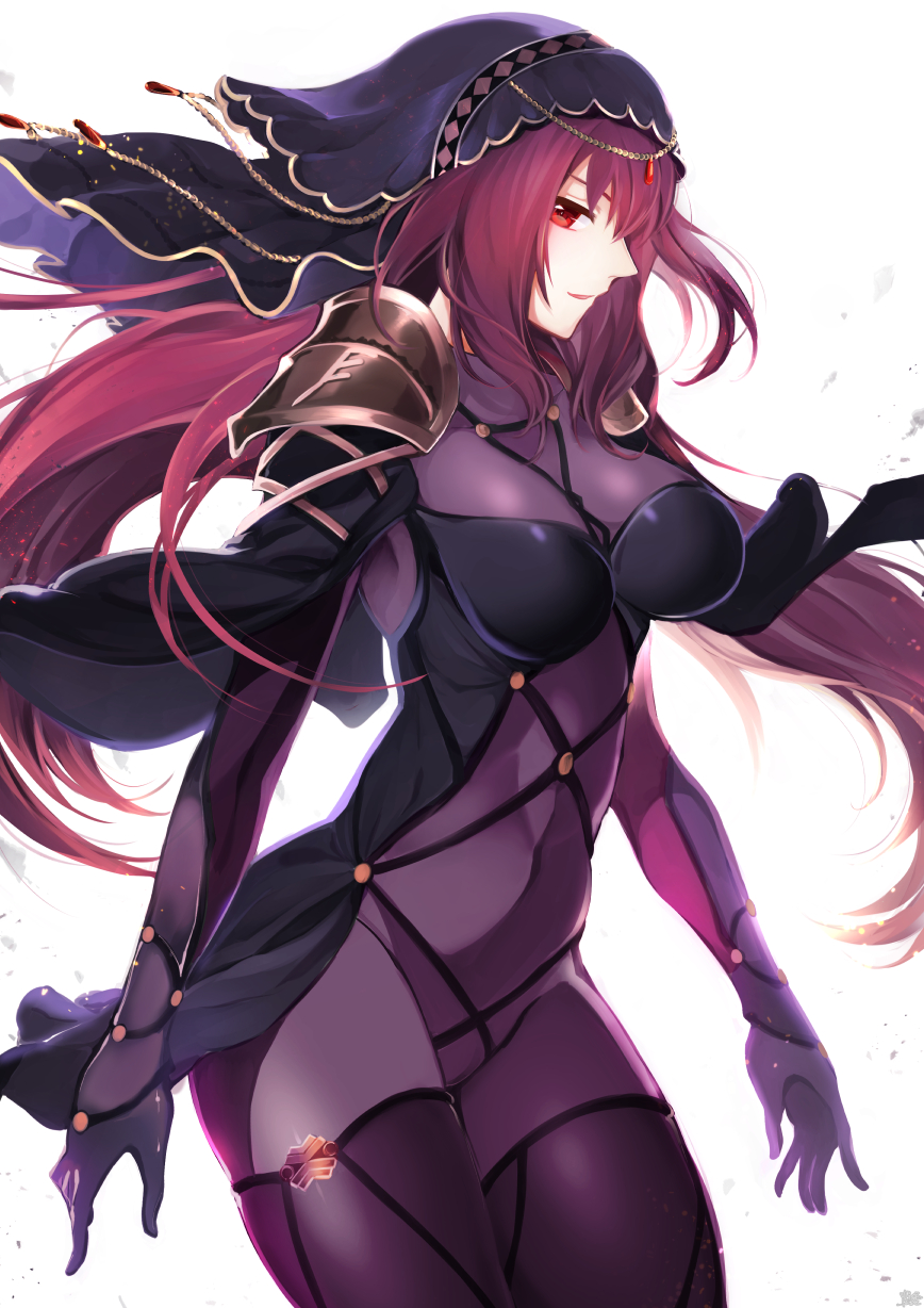 1girl annojou_haruto bodysuit breasts fate/grand_order fate_(series) highres large_breasts long_hair looking_at_viewer purple_bodysuit purple_hair red_eyes scathach_(fate/grand_order) solo veil