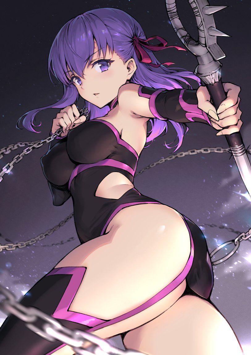 1girl armpits ass bangs black_dress blurry blurry_foreground breasts chains commentary_request cosplay depth_of_field detached_sleeves dress eyebrows_visible_through_hair facial_mark fate/grand_order fate_(series) fingernails forehead_mark hair_ornament haoni holding holding_weapon large_breasts long_hair looking_at_viewer matou_sakura parted_lips purple_hair red_ribbon ribbon rider rider_(cosplay) short_dress side_cutout solo thigh-highs upper_body violet_eyes weapon