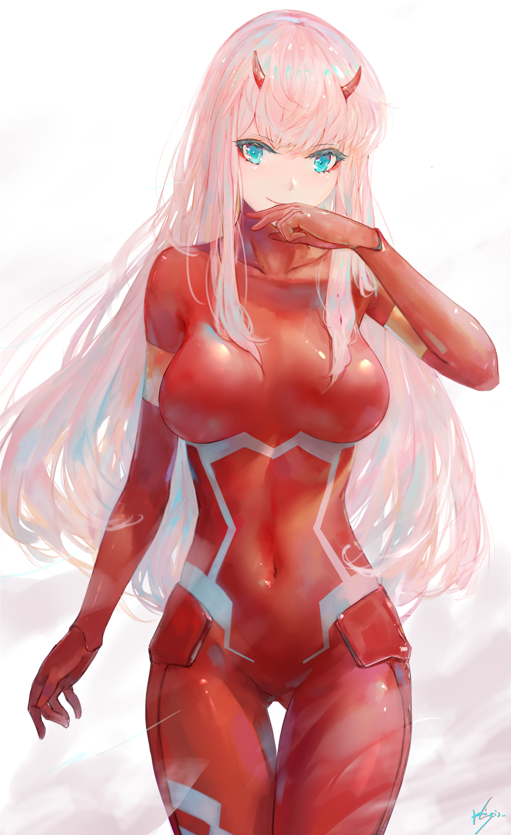 1girl arm_at_side bangs blue_eyes blush bodysuit breasts closed_mouth commentary_request covered_navel darling_in_the_franxx gluteal_fold hand_to_own_mouth highres horns kisei2 legs_together long_hair looking_at_viewer pilot_suit pink_hair red_bodysuit shiny shiny_clothes shiny_hair skin_tight smile solo standing thigh_gap zero_two_(darling_in_the_franxx)