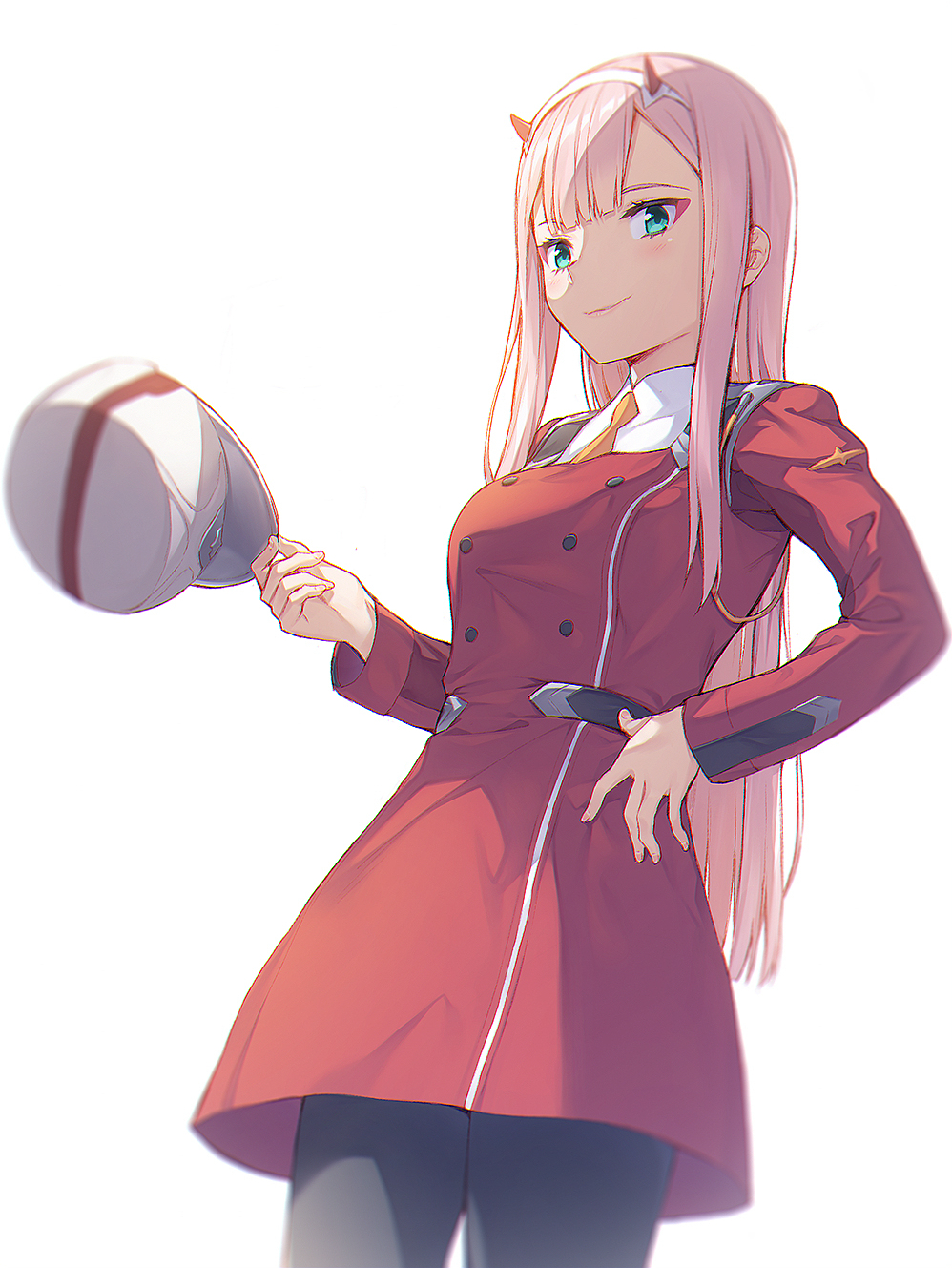 1girl bangs baseball_cap black_legwear blush breasts coat cowboy_shot darling_in_the_franxx double-breasted fake_horns from_below green_eyes hairband hand_on_hip hat hat_removed headwear_removed highres holding holding_hat lips long_hair long_sleeves looking_at_viewer medium_breasts mikazuchi_zeus necktie pantyhose pink_hair red_coat simple_background solo standing straight_hair white_background white_hairband yellow_neckwear zero_two_(darling_in_the_franxx)