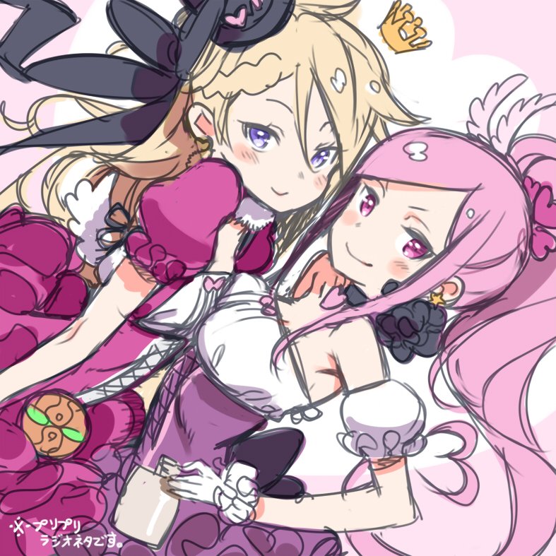 &gt;:) 2girls alternate_hair_color alternate_hair_length alternate_hairstyle ange_(princess_principal) black_ribbon blonde_hair blue_eyes blush braid breast_press commentary_request crown detached_sleeves dorothy_(princess_principal) dress feathers from_side hair_feathers hair_ornament hair_ribbon hand_on_hip heart_hair_ornament kuroboshi_kouhaku mini_crown multiple_girls pink_dress ponytail princess_principal puffy_detached_sleeves puffy_short_sleeves puffy_sleeves purple_dress ribbon short_sleeves sidelocks sketch smile v-shaped_eyebrows