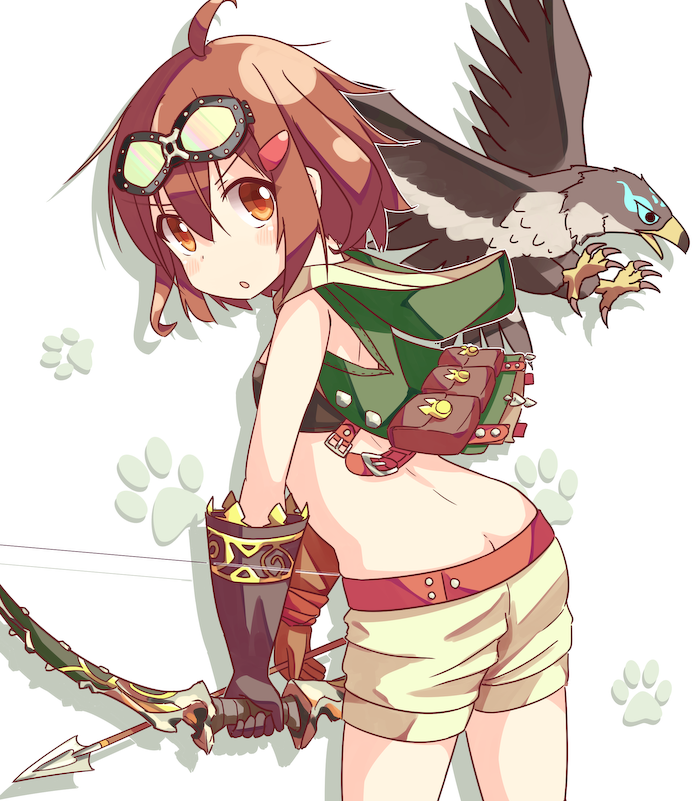1girl :o ahoge alternate_costume animal bag bandeau bangs bare_shoulders beige_shorts bird black_bandeau bow_(weapon) brown_eyes brown_gloves brown_hair butt_crack commentary_request elbow_gloves eyebrows_visible_through_hair falcon gloves goggles goggles_on_head green_vest hair_between_eyes hair_ornament hairclip holding holding_arrow holding_bow_(weapon) holding_weapon hood hood_down hooded_vest ikazuchi_(kantai_collection) kantai_collection leaning_forward looking_at_viewer mizutan64 parted_lips paw_background satchel shorts solo v-shaped_eyebrows vest weapon white_background