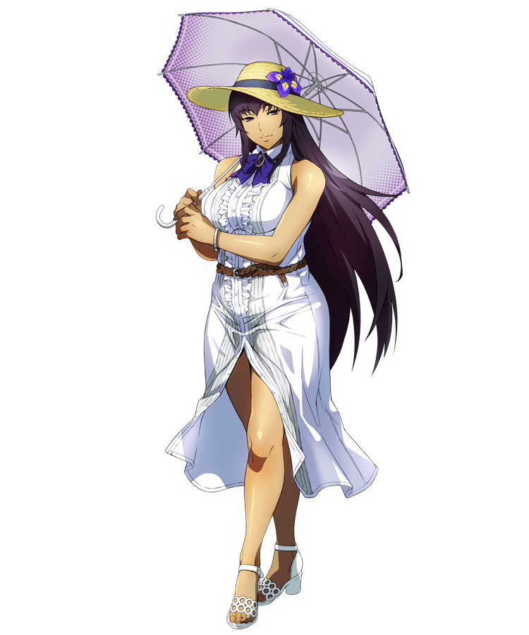 1girl amanomiya_ayame black_hair bracelet dark_skin dress flower full_body hat hat_flower high_heels holding holding_umbrella jewelry long_hair looking_at_viewer official_art partially_unbuttoned sleeveless sleeveless_dress solo standing sun_hat super_robot_wars super_robot_wars_x-omega transparent_background umbrella watanabe_wataru white_dress white_legwear