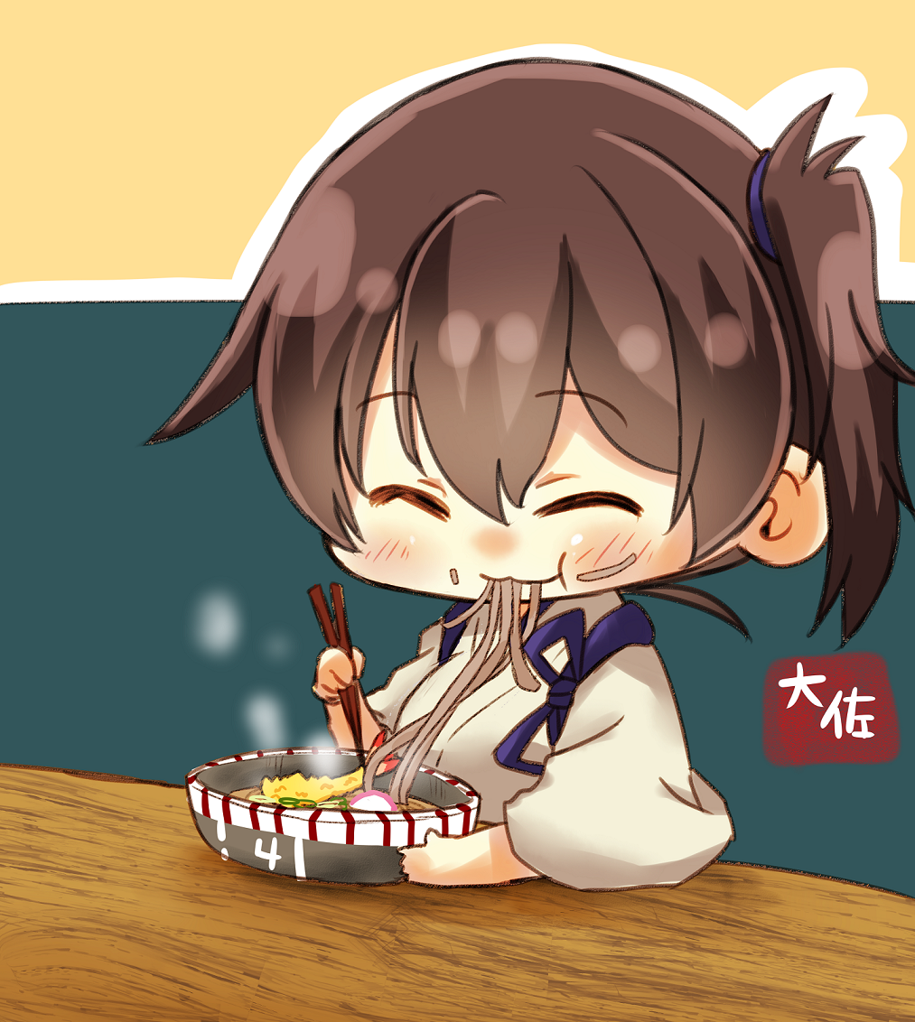 1girl ^_^ artist_name blush brown_hair chopsticks closed_eyes eating food food_on_face hair_between_eyes holding_chopsticks japanese_clothes kaga_(kantai_collection) kantai_collection short_hair side_ponytail smile solo taisa_(kari) tasuki