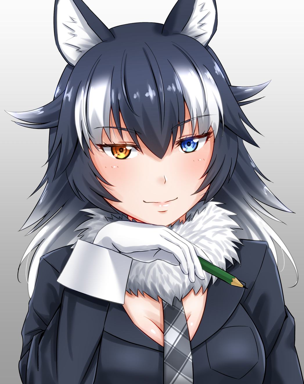 1girl animal_ears bangs black_hair black_jacket blue_eyes blush breast_pocket breasts cleavage closed_mouth eyebrows eyebrows_visible_through_hair eyelashes facing_viewer fur_collar gloves gradient gradient_background gradient_hair grey_neckwear grey_wolf_(kemono_friends) hair_between_eyes hair_flaps heterochromia highres holding holding_pencil jacket kemono_friends lips long_hair long_sleeves looking_at_viewer medium_breasts multicolored multicolored_background multicolored_hair necktie orange_eyes pencil pink_lips plaid plaid_neckwear pocket shiny shiny_hair sleeve_cuffs smile solo takatsuki_nao tsurime two-tone_hair upper_body white_gloves white_hair wolf_ears