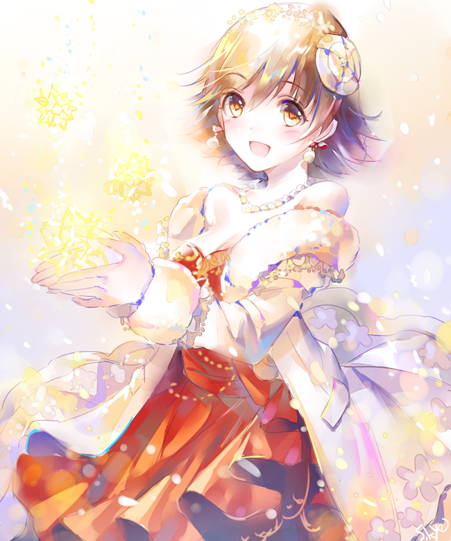 1girl :d bangs bare_shoulders blush bow breasts brown_hair cleavage coat crystal dress earrings eyebrows_visible_through_hair eyes_visible_through_hair floral_print fur-trimmed_coat fur_trim hair_ornament holding honda_mio idolmaster idolmaster_cinderella_girls idolmaster_cinderella_girls_starlight_stage jewelry laurel_crown light_particles looking_at_viewer medium_breasts necklace off_shoulder open_mouth outstretched_arms pearl_necklace red_bow red_dress sash short_hair signature smile solo soriya sparkle strapless strapless_dress swept_bangs upper_body white_coat yellow_eyes