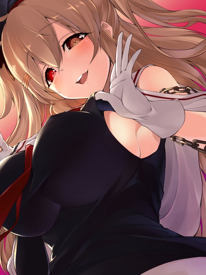 1girl black_ribbon black_serafuku breasts brown_eyes chains detached_sleeves hair_ornament hair_ribbon hairclip heterochromia kantai_collection large_breasts light_brown_hair long_hair looking_at_viewer murasame_(kantai_collection) open_mouth red_eyes remodel_(kantai_collection) ribbon sailor_collar school_uniform serafuku sideboob smile solo twintails youmou_usagi