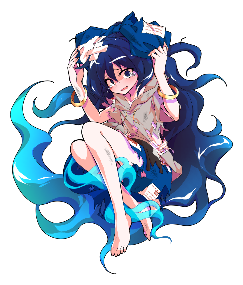 1girl barefoot blue_bow blue_eyes blue_hair bow bracelet dairi debt feet hair_bow hood hoodie jewelry long_hair looking_at_viewer short_sleeves skirt solo standing tearing_up torn_clothes touhou very_long_hair yorigami_shion