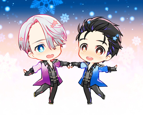 2boys :d ;d black_hair blue_eyes brown_eyes chibi hair_slicked_back ice_skates katsuki_yuuri kuroemon lowres male_focus multiple_boys one_eye_closed open_mouth silver_hair skates smile snowflakes viktor_nikiforov yuri!!!_on_ice