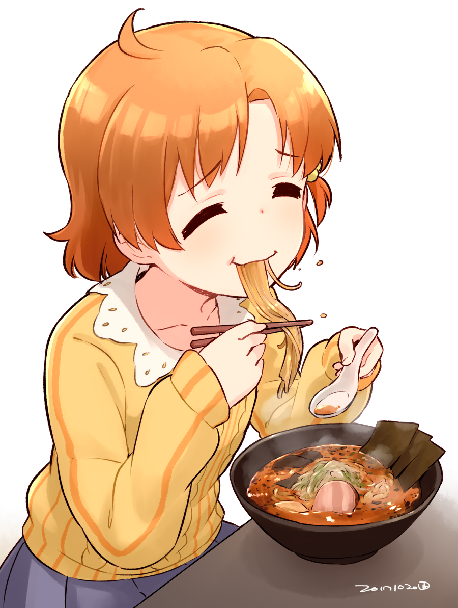 1girl :t =_= ^_^ ahoge blue_skirt chopsticks closed_eyes closed_mouth collarbone dated dot_nose eating eyebrows_visible_through_hair food foodgasm gradient gradient_background hair_bobbles hair_ornament holding holding_chopsticks holding_spoon idolmaster idolmaster_million_live! leaning_forward nagian noodles orange_hair pleated_skirt pork ribbed_sweater rice_spoon short_hair sitting skirt sleeves_past_wrists slurping smile solo sweater table udon white_background yabuki_kana yellow_sweater