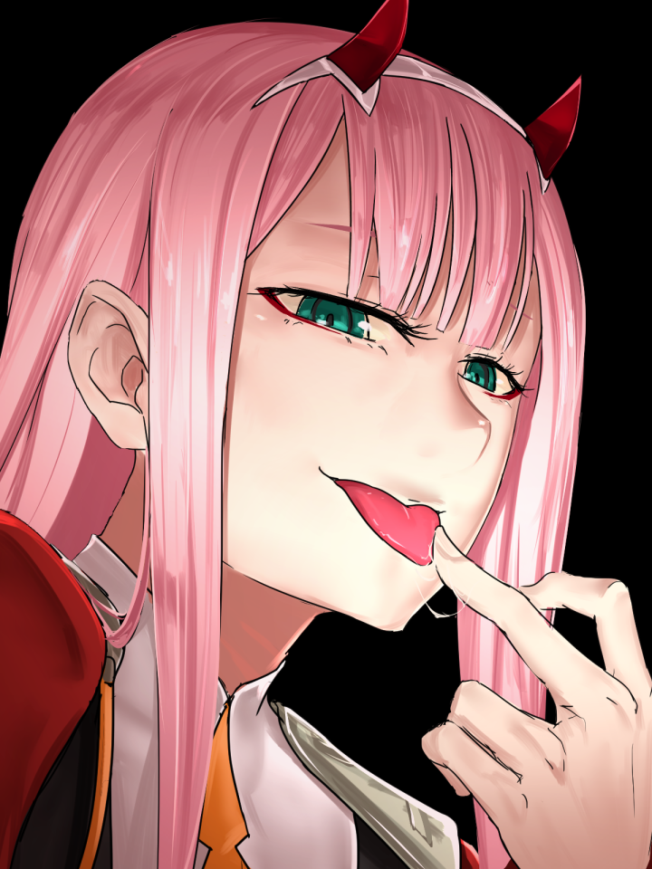 1girl black_background darling_in_the_franxx eyeshadow face fingernails green_eyes hairband half-closed_eyes horns i-pan licking_lips long_hair looking_at_viewer makeup necktie pink_hair saliva shirt simple_background smile solo tongue tongue_out upper_body zero_two_(darling_in_the_franxx)