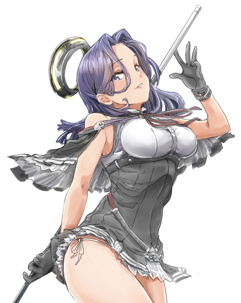 1girl black_capelet black_gloves black_skirt capelet cowboy_shot frilled_skirt frills glaive gloves hair_between_eyes kanajika_(kanadika) kantai_collection mechanical_halo medium_hair panties purple_hair remodel_(kantai_collection) side-tie_panties simple_background skirt solo tatsuta_(kantai_collection) underwear violet_eyes white_background