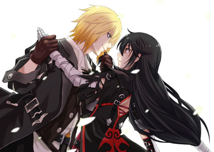 1boy 1girl bandage bandaged_arm belt black_coat black_hair blonde_hair blue_eyes brown_gloves closed_mouth cowboy_shot eizen_(tales) eye_contact gloves long_hair looking_at_another low-tied_long_hair profile saklo simple_background smile tales_of_(series) tales_of_berseria velvet_crowe white_background wrist_grab yellow_eyes