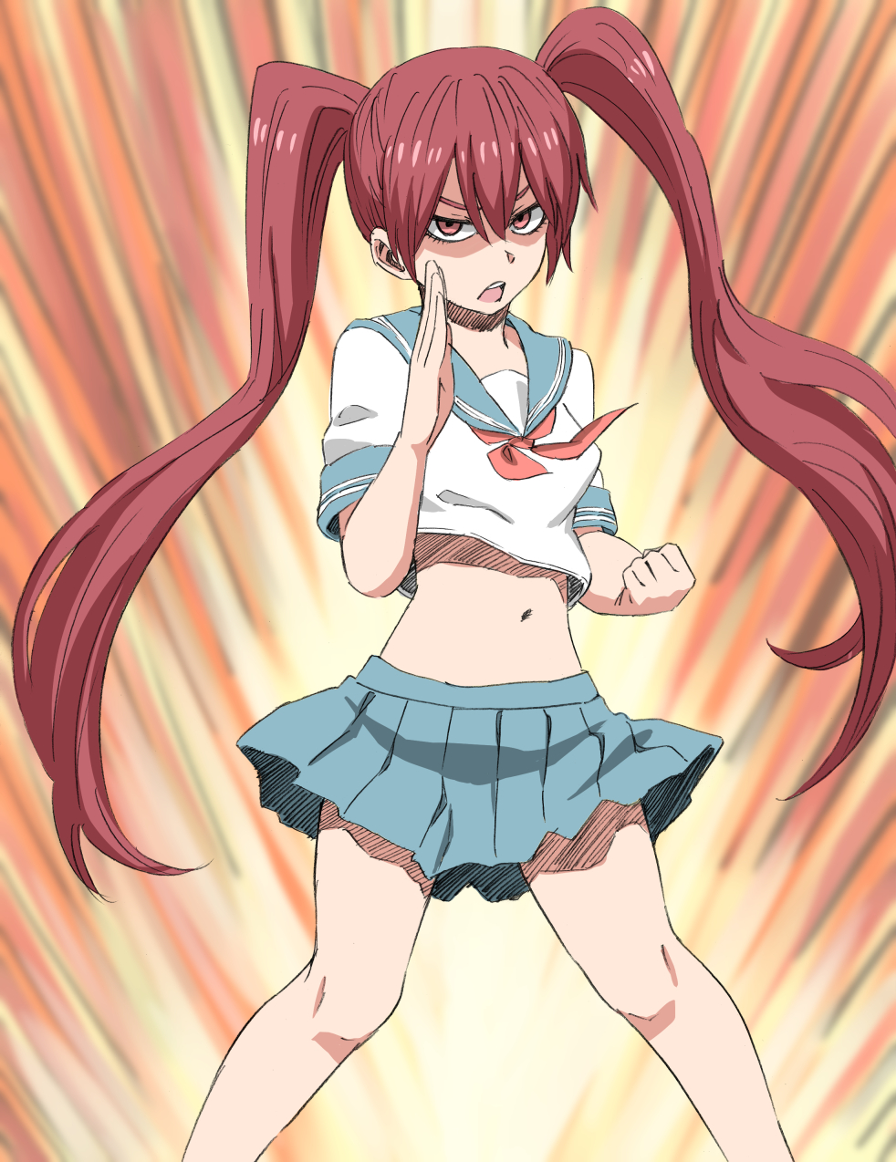 1girl angry brown_eyes brown_hair clenched_hand fighting_stance highres looking_at_viewer midriff miniskirt navel open_mouth original pleated_skirt school_uniform serafuku short_sleeves skirt solo tuskryo twintails