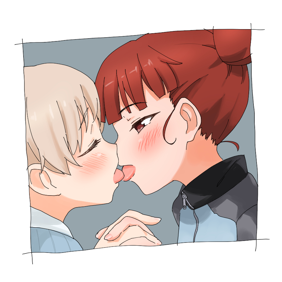 2girls aki_(girls_und_panzer) blue_background blush brown_eyes brown_hair closed_eyes girls_und_panzer hand_holding kiss mikko_(girls_und_panzer) multiple_girls short_hair simple_background tongue uasi white_background white_hair yuri