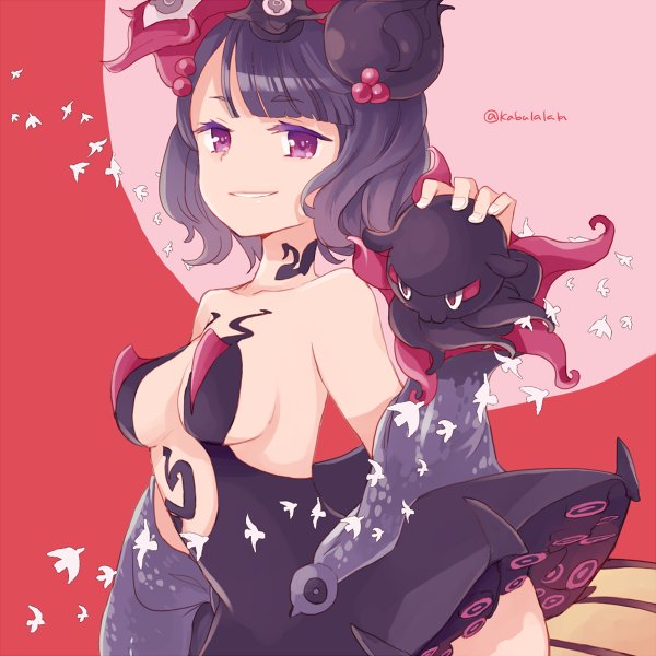 1girl animal bangs bare_shoulders black_dress blunt_bangs breasts collarbone dress eyebrows eyebrows_visible_through_hair eyelashes facing_away fate/grand_order fate_(series) fingernails grin hair_ornament katsushika_hokusai_(fate/grand_order) kobayashi_kabura medium_breasts octopus purple_hair sea_anemone short_hair smile solo strapless strapless_dress teeth twitter_username violet_eyes