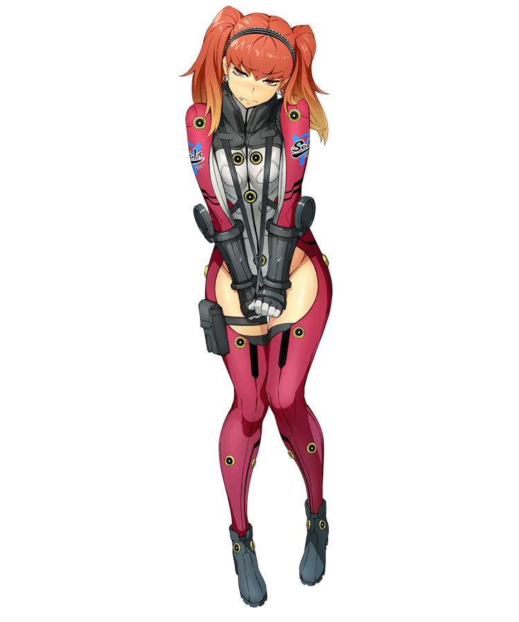 1girl bertha_bernstein blonde_hair bodysuit eyebrows_visible_through_hair fang full_body gloves gradient_hair hairband hands_together holster long_hair looking_at_viewer multicolored_hair official_art redhead solo strap_pull super_robot_wars super_robot_wars_x-omega thigh_holster transparent_background twintails v_arms watanabe_wataru