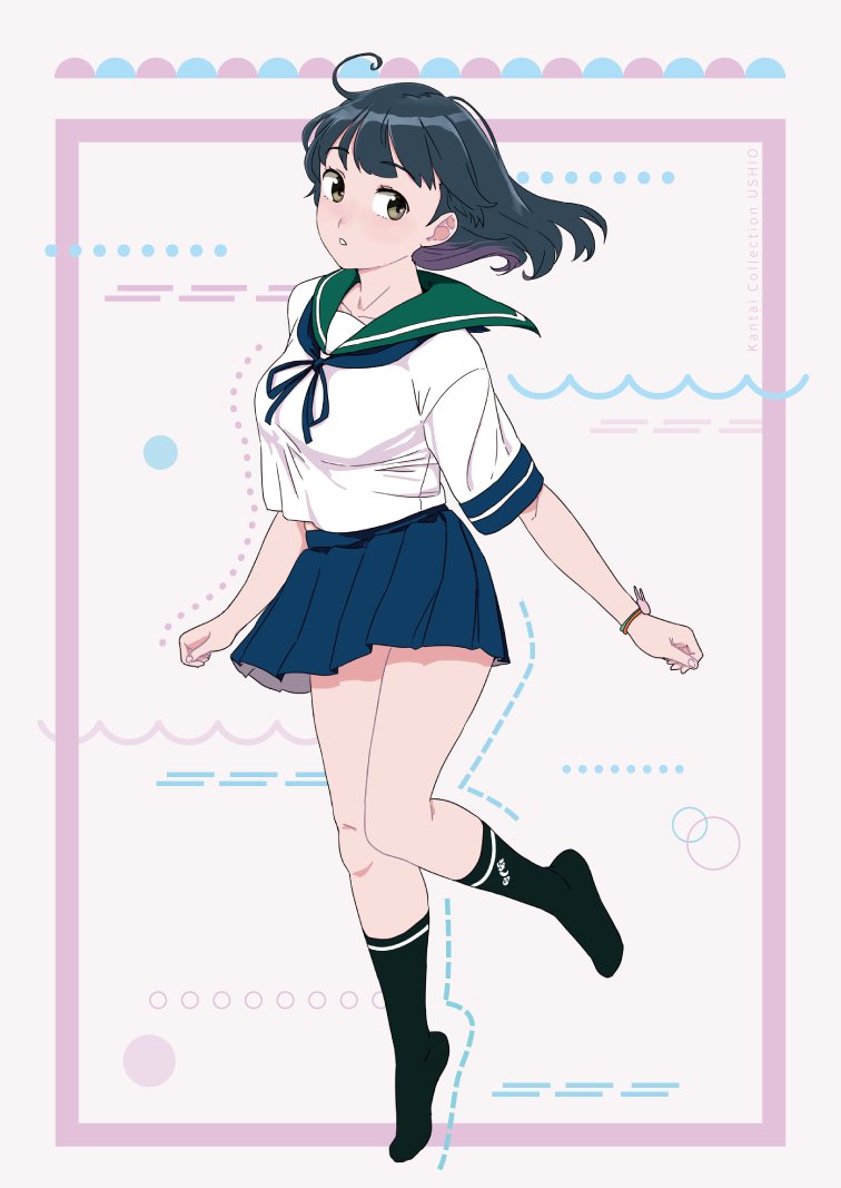 1girl ahoge black_hair black_legwear blue_neckwear blue_skirt brown_eyes full_body green_sailor_collar kantai_collection kneehighs long_hair looking_at_viewer neckerchief ojipon pleated_skirt school_uniform serafuku shirt short_sleeves skirt solo ushio_(kantai_collection) white_shirt