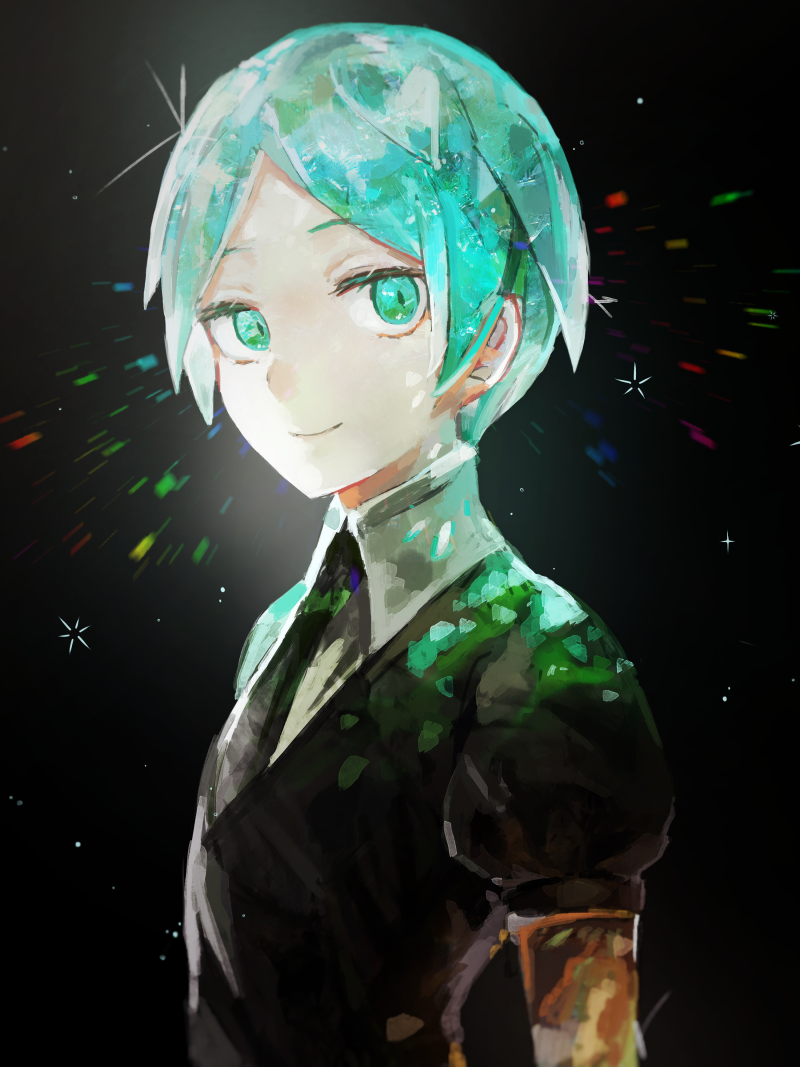 androgynous gem_uniform_(houseki_no_kuni) golden_arms green_eyes green_hair houseki_no_kuni looking_at_viewer necktie phosphophyllite short_hair smile solo sparkle upper_body