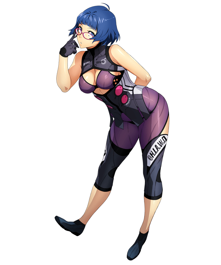 1girl adjusting_eyewear arm_behind_back black_gloves blue_eyes blue_hair bodysuit breasts character_request cleavage full_body gloves hand_on_own_face looking_at_viewer medium_breasts official_art parted_lips red-framed_eyewear short_hair solo super_robot_wars super_robot_wars_x-omega transparent_background watanabe_wataru