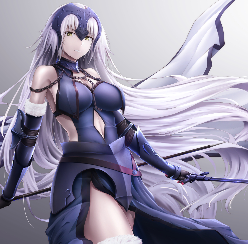 1girl armor armored_dress armpit_peek bangs banner bare_shoulders black_armor black_gloves blue_dress breasts chains cleavage commentary_request cowboy_shot dress elbow_gloves elbow_pads eyebrows_visible_through_hair fate/grand_order fate_(series) faulds floating_hair fur-trimmed_gloves fur-trimmed_legwear fur_trim gloves gradient gradient_background grey_background grey_hair headpiece holding holding_sword holding_weapon jeanne_d'arc_(alter)_(fate) jeanne_d'arc_(fate)_(all) large_breasts long_hair looking_at_viewer matsunaga_garana navel navel_cutout pale_skin parted_lips smile solo standing sword thigh-highs thighs vambraces very_long_hair weapon wind yellow_eyes