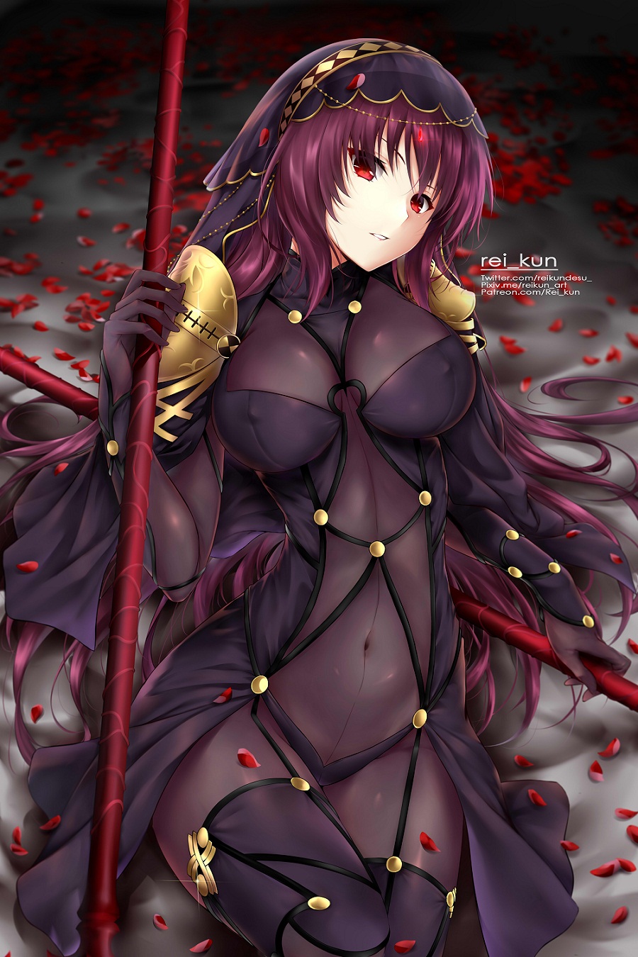 1girl armor artist_name bangs bodysuit breasts covered_navel fate/grand_order fate_(series) gae_bolg highres holding holding_weapon large_breasts long_hair looking_at_viewer lying on_back pauldrons polearm purple_bodysuit purple_hair red_eyes rei_kun scathach_(fate/grand_order) shoulder_armor solo spear veil very_long_hair watermark weapon web_address