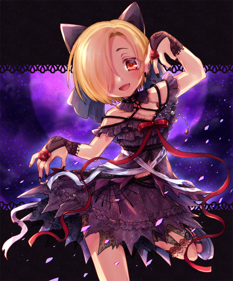 1girl :d arm_up babydoll bandage black_bow blonde_hair blue_footwear blush bow bridal_gauntlets brooch chromatic_aberration detached_collar dot_nose eyes_visible_through_hair flower hair_bow hair_over_one_eye head_tilt idolmaster idolmaster_cinderella_girls jewelry lace lace-trimmed_skirt lace_trim leg_garter looking_at_viewer mary_janes moon nail_polish necklace night night_sky open_mouth outstretched_arms pearl_necklace petals purple_babydoll purple_skirt red_eyes red_flower red_ribbon red_rose ribbon rose ruku_(ruku_5050) shirasaka_koume shoes short_eyebrows short_hair silk skirt skirt_set skull sky smile solo spaghetti_strap spider_web standing standing_on_one_leg upper_body zombie_pose