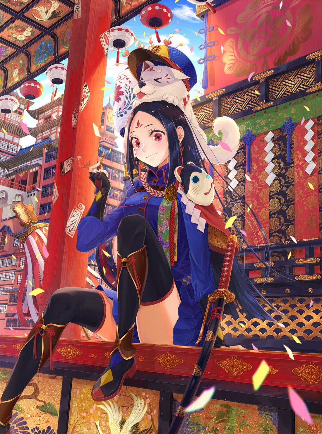 1girl architecture black_hair black_legwear blue_sky capelet clouds day dog east_asian_architecture facial_mark hat highres inside katana knee_up lantern long_hair mask mask_removed original paper_lantern para_sitism red_eyes sheath sheathed shide shrine sitting sky solo sword tagme tapestry weapon whistle year_of_the_dog